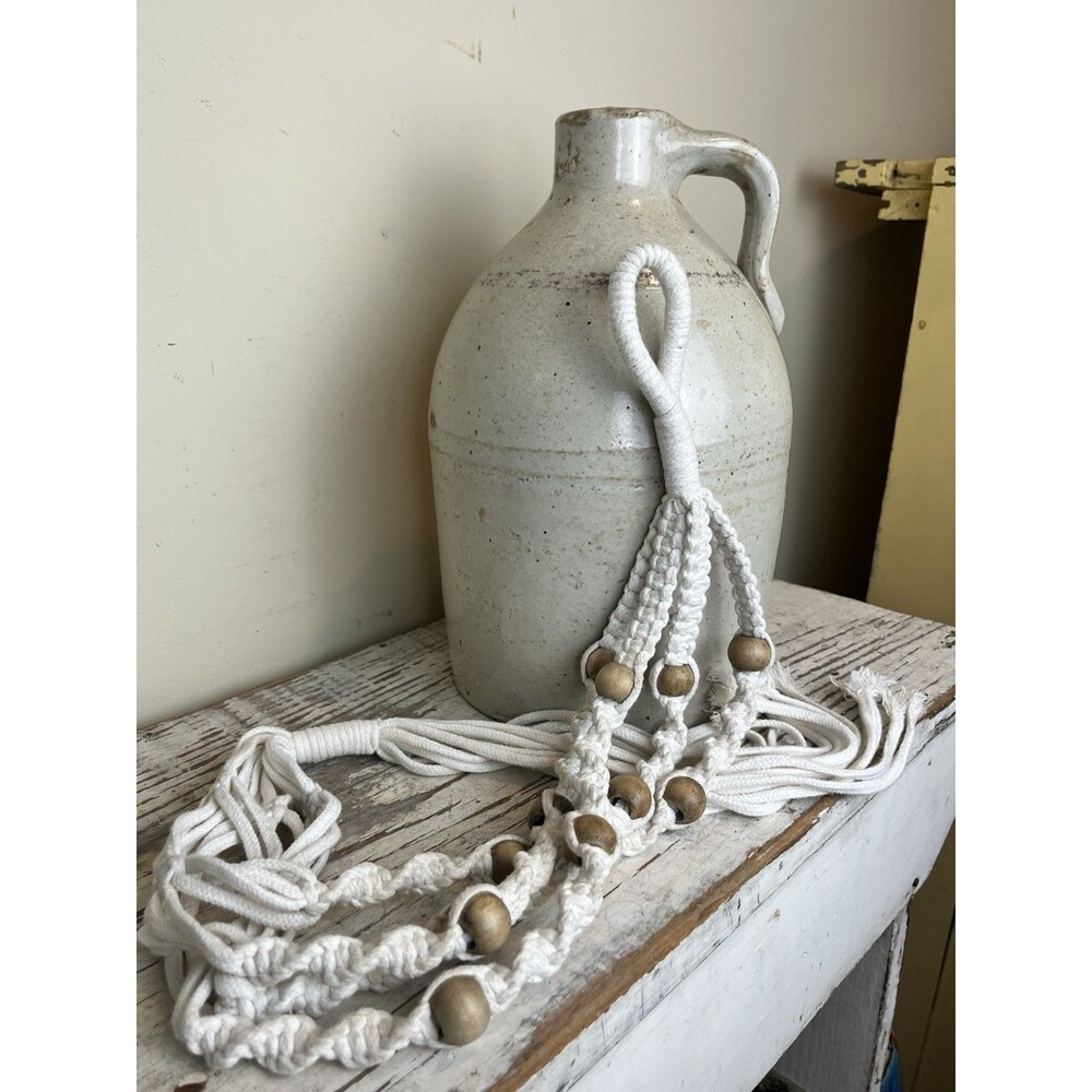 Vintage Hand Crocheted Beaded Macrame Hanging Plant Holder Retro Boho Vibe 40”